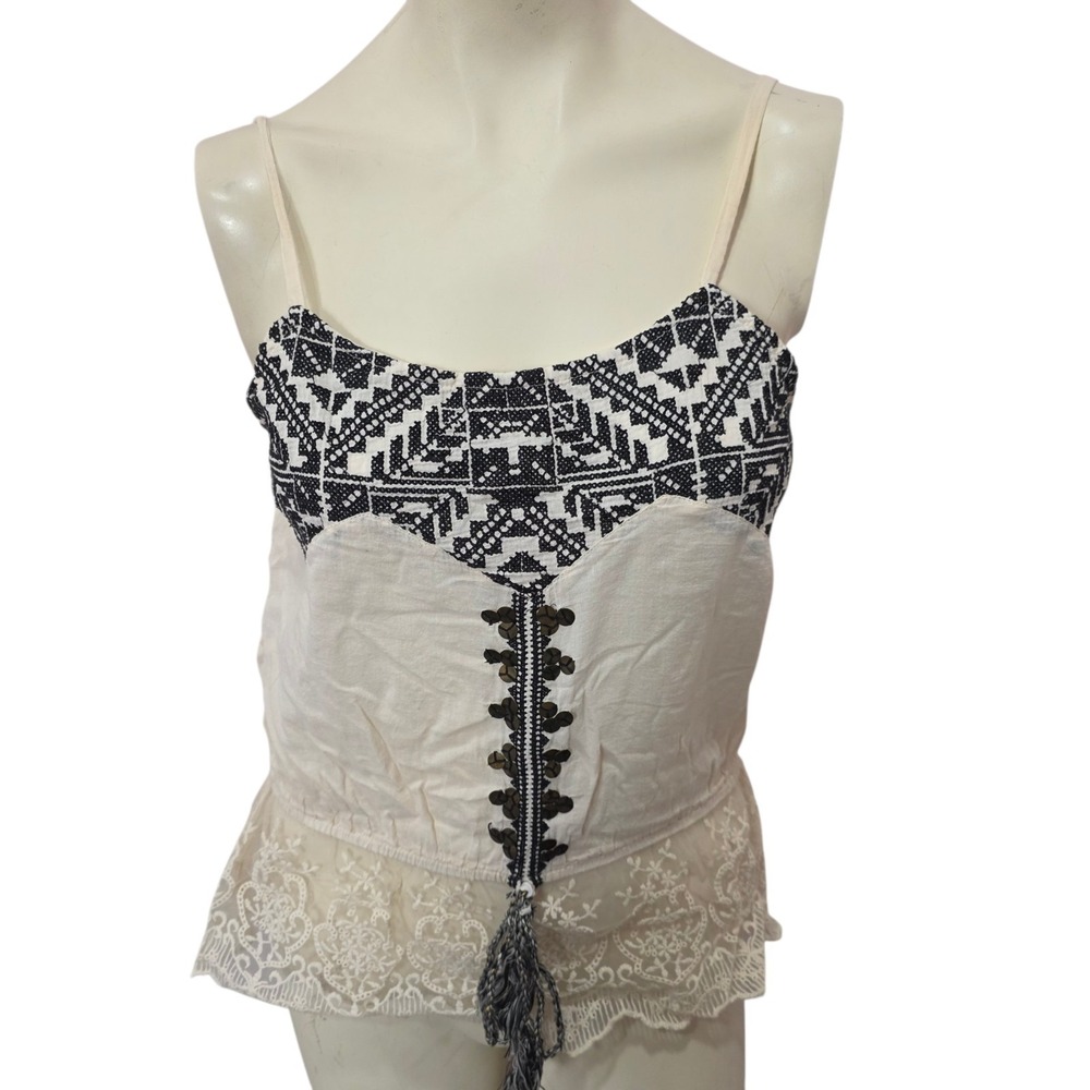 BKE Womens M Ivory Black Embroidered Lace Cami Tank Top Boho Y2K Tassel Buckle